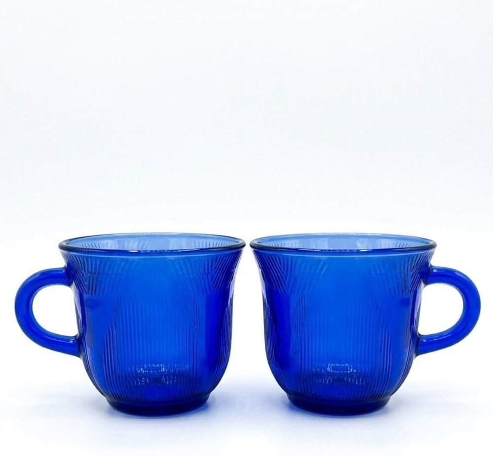 Fortecrisa Cobalt Blue Glass Forte Crisa Coffee Tea Mugs Cups (2) Vtg Mexico